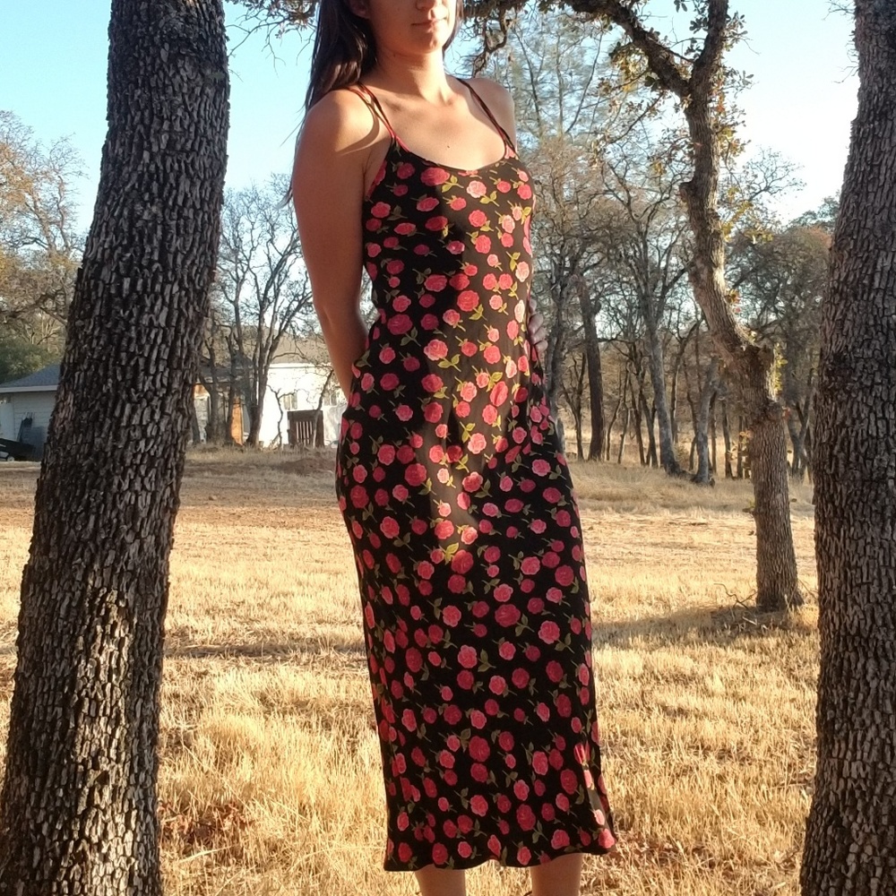 Silk black floral Betsy Johnson lowback midi dress